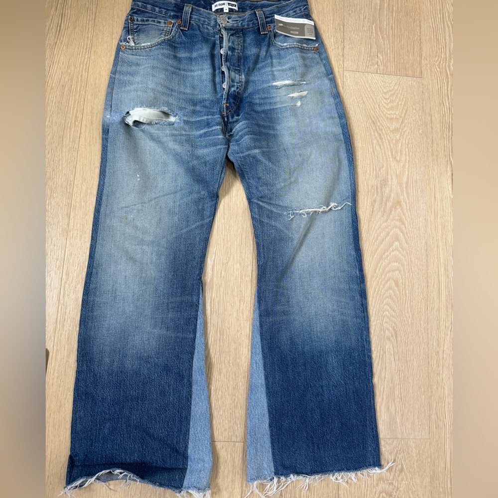 Re/Done Blue Distressed Ankle Jeans
